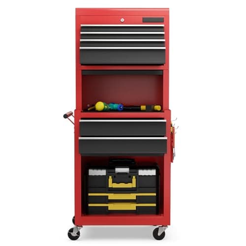 Heavy Duty ERGOMASTER Utility Cart with 4 Tiers & Drawers for Warehouse, Garage, Workshop — Black&red