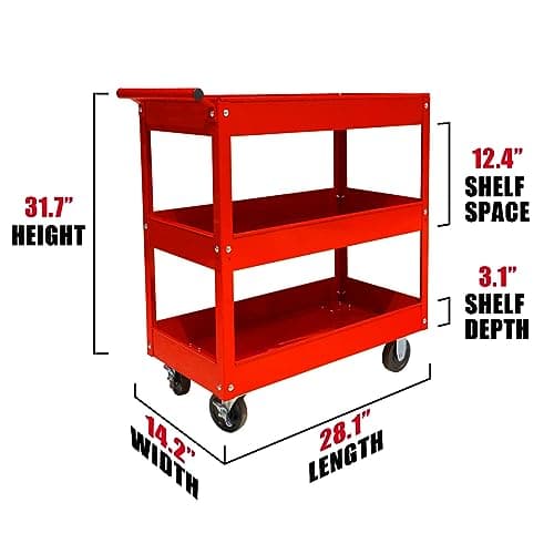 Torin APTC302B Red Steel Tool Cart with 3 Shelves, 200 lbs Capacity