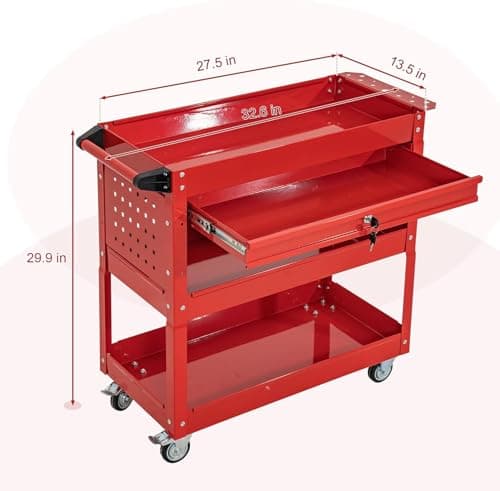 Industrial 3-Tier Rolling Tool Cart with Drawers, Lockable Wheels, Red (Universal Chest)