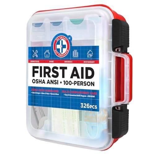 First Aid Kit for 100 People - Office, Home, Car, School, Emergency, Survival, Camping, Hunting, Sports - 326 Pieces - Hard Red Case - Exceeds OSHA and ANSI Guidelines