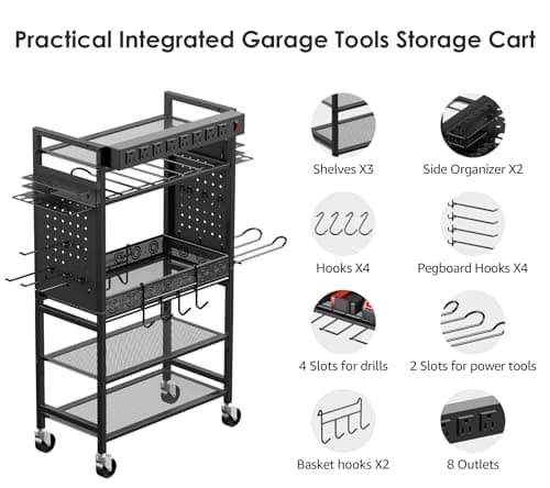 CCCEI Power Tool Organizer Cart with Charging Station, Black