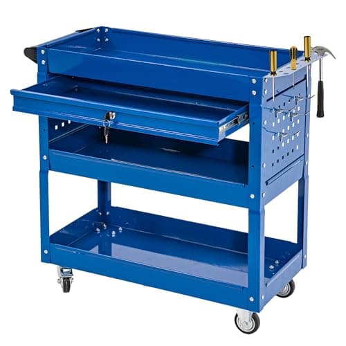 Industrial 3-Tier Rolling Tool Cart with Drawers, Lockable Wheels, Red (Universal Chest) — Blue