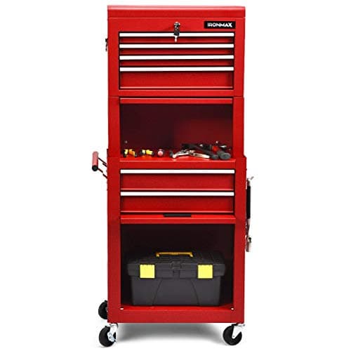 Heavy Duty ERGOMASTER Utility Cart with 4 Tiers & Drawers for Warehouse, Garage, Workshop — Red