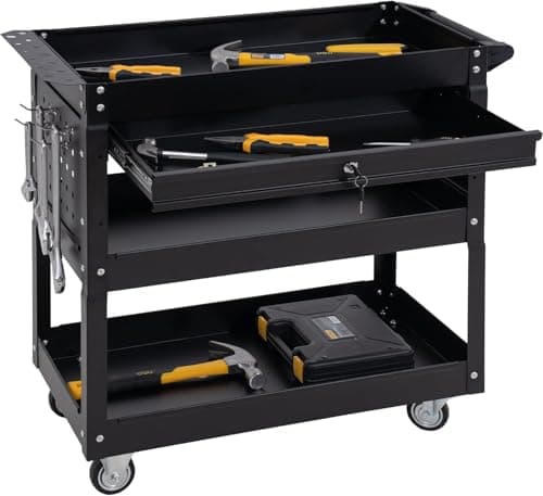 Industrial 3-Tier Rolling Tool Cart with Drawers, Lockable Wheels, Red (Universal Chest) — Black
