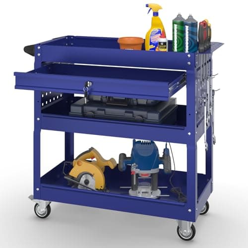 3-Tier Blue Rolling Metal Cart with Locking Drawer - 350 LBS Industrial Storage Organizer