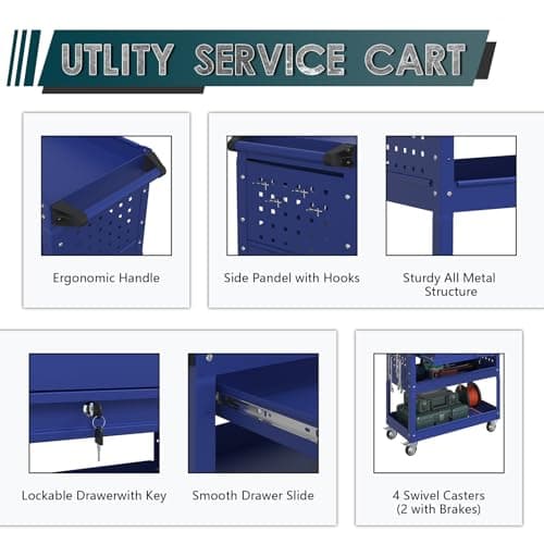 3-Tier Blue Rolling Metal Cart with Locking Drawer - 350 LBS Industrial Storage Organizer
