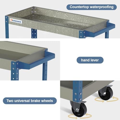 3-Tier Height-Adjustable Rolling Tool Cart, 500LBS Capacity, Steel Shelf, Blue Garage Cart