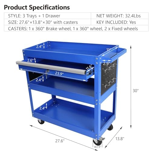 Heavy Duty 3 Tier Tool Cart with Lock, Wheel & Drawer, Ideal for Mechanics & Workshops