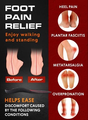High Arch Support Insoles for Men & Women - Plantar Fasciitis Relief - Boot Work Shoes (S, Black)