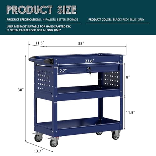 3-Tier Blue Rolling Metal Cart with Locking Drawer - 350 LBS Industrial Storage Organizer