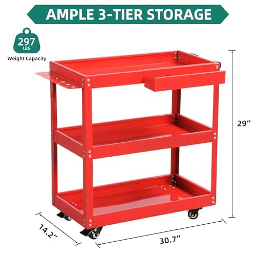 YITAHOME Heavy Duty 3-Tier Tool Cart, Rolling Metal Storage with Screwdriver Board 400lbs Red