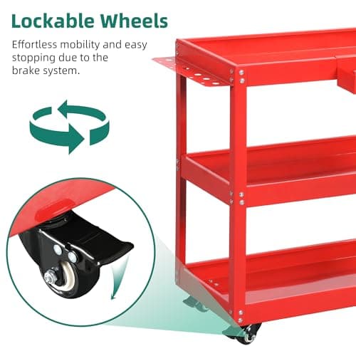 YITAHOME Heavy Duty 3-Tier Tool Cart, Rolling Metal Storage with Screwdriver Board 400lbs Red