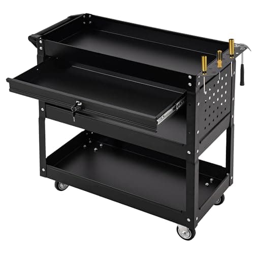 Industrial 3-Tier Rolling Tool Cart with Drawers, Lockable Wheels, Red (Universal Chest) — All Black