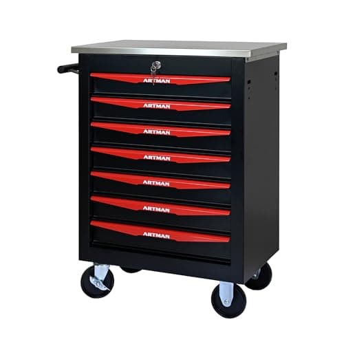 Wheelchair Tool Cart with 4 Drawers, Lockable Storage, Garage Workshop Organizer — Black Red