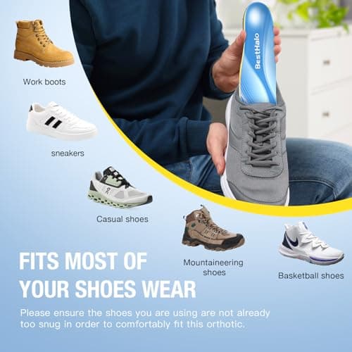 High Arch Plantar Fasciitis Insoles, Gel Cushion, 220+ lbs, Men 7-8.5/Women 8-9.5 Workspace Boots (Blue)