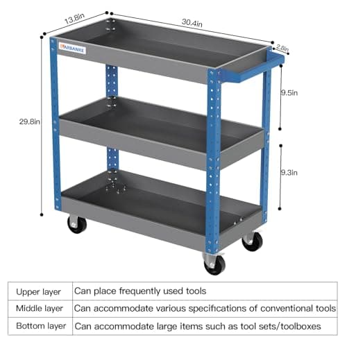 3-Tier Locking Tool Roll Cart, 500LBS Capacity, Blue