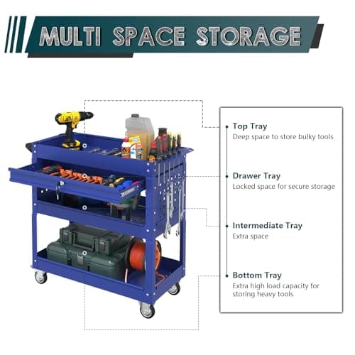 3-Tier Blue Rolling Metal Cart with Locking Drawer - 350 LBS Industrial Storage Organizer