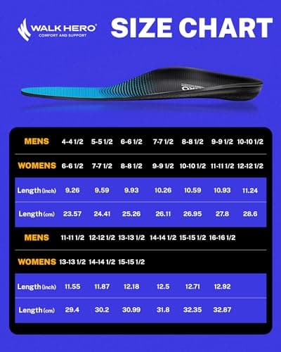 Walkhero High Arch Support Insoles, Blue, Relieve Plantar Fasciitis and Foot Fatigue (Men's 6-6 1/2 | Women's 8-8 1/2)