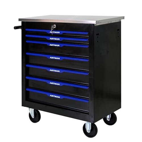 Wheelchair Tool Cart with 4 Drawers, Lockable Storage, Garage Workshop Organizer — Black Blue