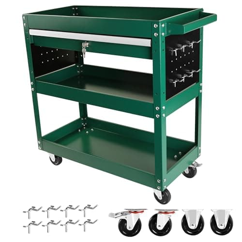 Heavy Duty 3 Tier Tool Cart with Lock, Wheel & Drawer, Ideal for Mechanics & Workshops — Green