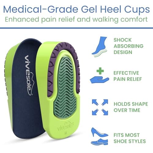 VIVEsole Gel Heel Cups for Pain Relief - Shock Absorbing Pad Inserts for Shoes