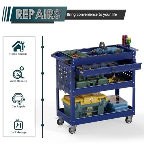 3-Tier Blue Rolling Metal Cart with Locking Drawer - 350 LBS Industrial Storage Organizer