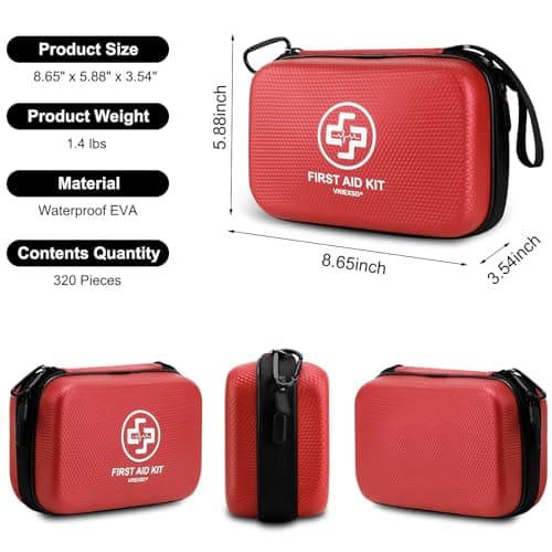 Premium 320 Piece Waterproof First Aid Kit for Home, Camping, Cars, Hiking, Travel, Emergencies - Red