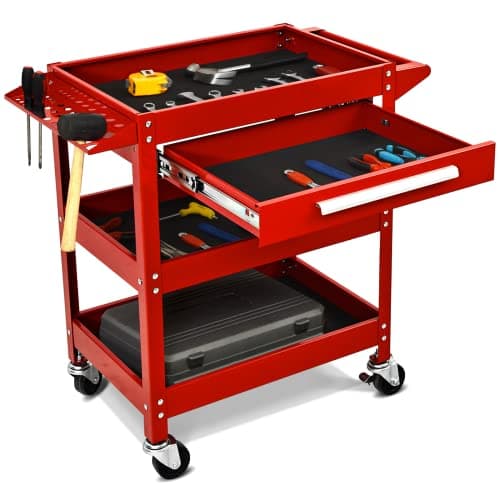 ARNOT Red 3-Tier Rolling Heavy Duty Tool Cart, 330 LBS, Garage & Warehouse