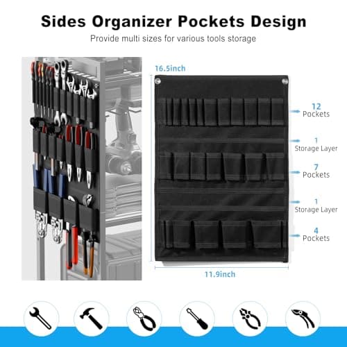 JUNNUJ Heavy Duty Tool Organizer Cart with Power_strip, Black