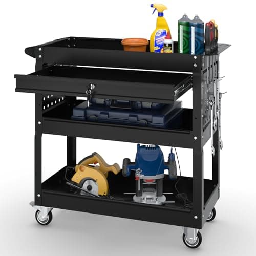 3-Tier Blue Rolling Metal Cart with Locking Drawer - 350 LBS Industrial Storage Organizer — Black