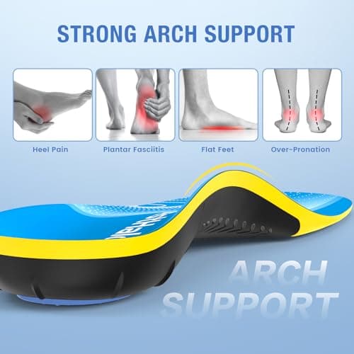 High Arch Plantar Fasciitis Insoles, Gel Cushion, 220+ lbs, Men 7-8.5/Women 8-9.5 Workspace Boots (Blue)
