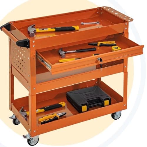 Industrial 3-Tier Rolling Tool Cart with Drawers, Lockable Wheels, Red (Universal Chest) — Orange