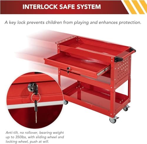 Industrial 3-Tier Rolling Tool Cart with Drawers, Lockable Wheels, Red (Universal Chest)