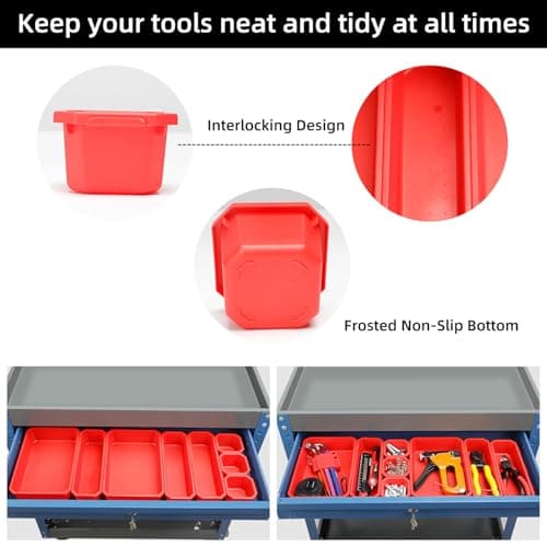 Heavy Duty 440 lb 3 Tier Tool Cart with Drawers & Hooks, Blue for Garage Workshop