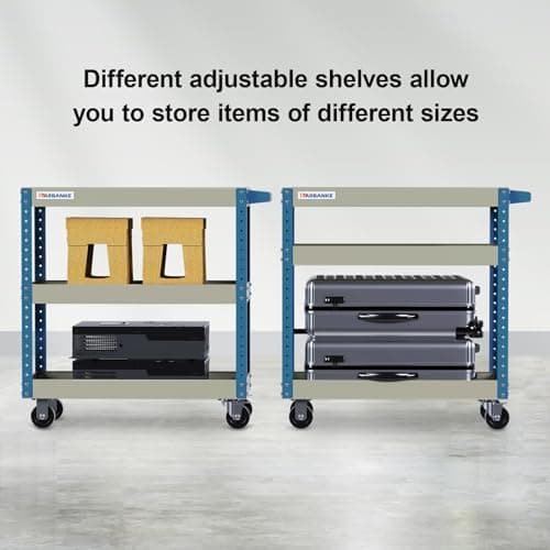 3-Tier Height-Adjustable Rolling Tool Cart, 500LBS Capacity, Steel Shelf, Blue Garage Cart