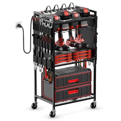 JUNNUJ Heavy Duty Tool Organizer Cart with Power_strip, Black