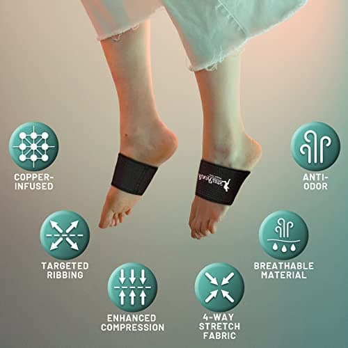 RooRuns Copper Arch Support Sleeves for Flat Feet, Heel Spurs, Fallen Arches, Plantar Fasciitis (2 Pairs)
