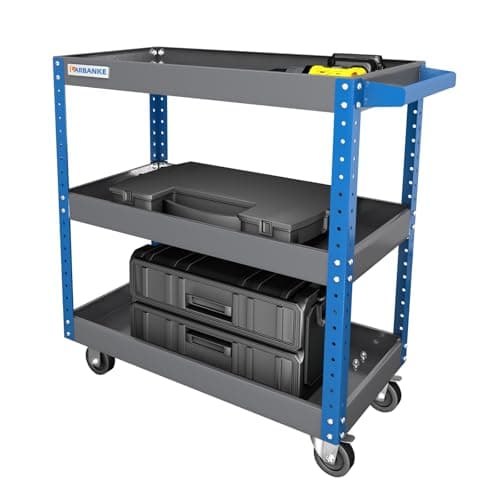 3-Tier Height-Adjustable Rolling Tool Cart, 500LBS Capacity, Steel Shelf, Blue Garage Cart