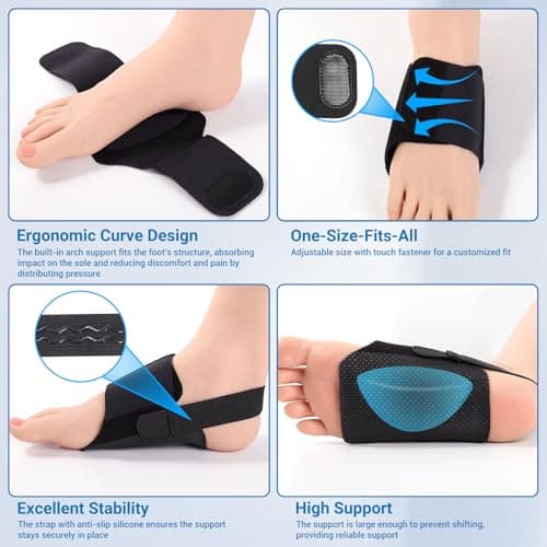 Arch Support Braces for Plantar Fasciitis & Flat Feet, Gel Inserts, Adjustable Wrap, Unisex Black