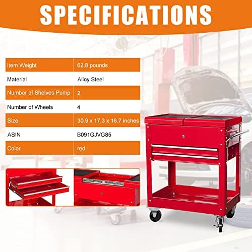 Steel Tool Cart with Lockable Drawers, 27.8" L x 32.7" H, 212 lbs Capacity
