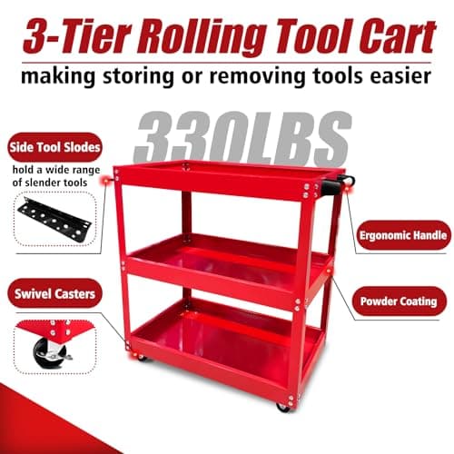 330LBS Metal 3-Tier Rolling Cart with Wheels, Heavy Duty Tool Storage Organizer