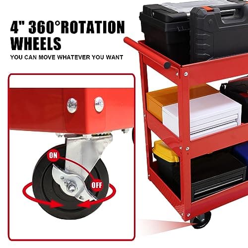 Torin APTC302B Red Steel Tool Cart with 3 Shelves, 200 lbs Capacity
