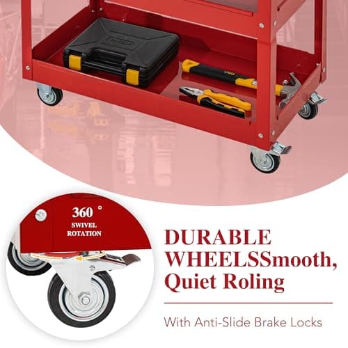 Industrial 3-Tier Rolling Tool Cart with Drawers, Lockable Wheels, Red (Universal Chest)