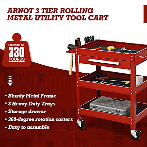 ARNOT Red 3-Tier Rolling Heavy Duty Tool Cart, 330 LBS, Garage & Warehouse