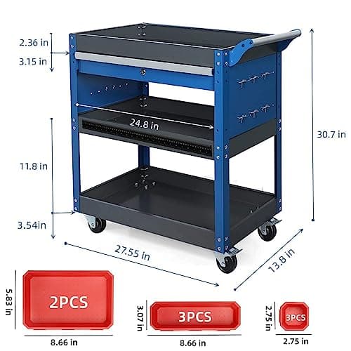 Heavy Duty 440 lb 3 Tier Tool Cart with Drawers & Hooks, Blue for Garage Workshop