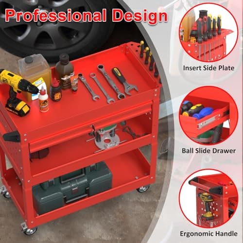 COMPACT ROLLING TOOL CART WITH LOCKABLE DRAWER AND UNIVERSAL WHEELS (RED)