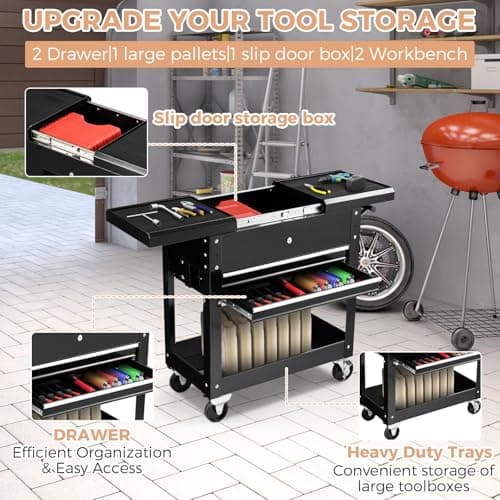 Heavy Duty ERGOMASTER Utility Cart with 4 Tiers & Drawers for Warehouse, Garage, Workshop