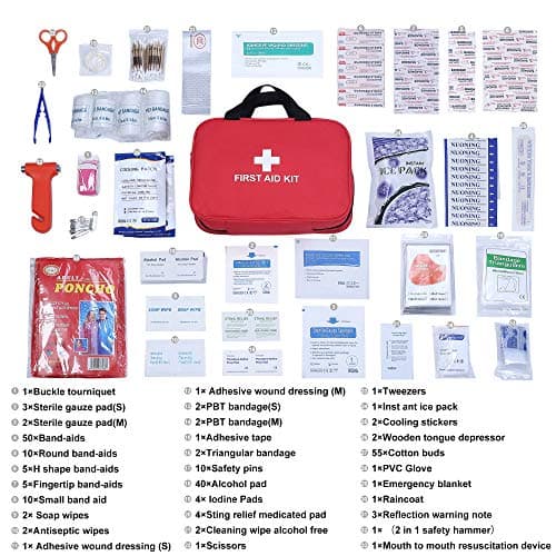 Red First Aid Kit - 230 Pieces, Fully Stocked for Emergencies | Car, Home, Travel, Camping, Office, Sports