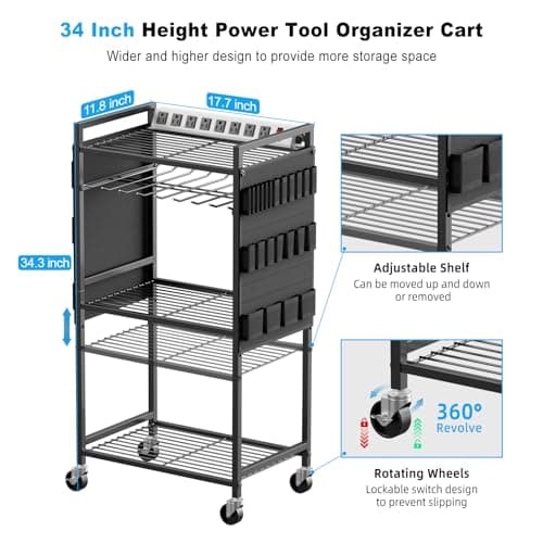 JUNNUJ Heavy Duty Tool Organizer Cart with Power_strip, Black