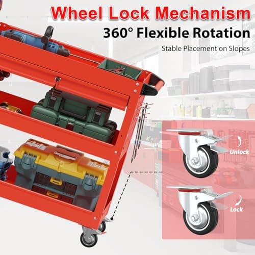 COMPACT ROLLING TOOL CART WITH LOCKABLE DRAWER AND UNIVERSAL WHEELS (RED)